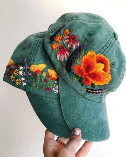 Discover Orange Flower Hand Embroidered Baseball Hat for Women