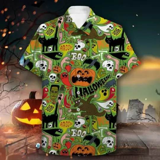 Discover Spooktacular Pumpkin Black Cat Castle Ghost Halloween Hawaiian