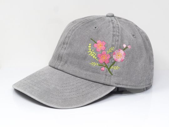 Discover Flower Embroidered Cherry Blossom Sakura Baseball Cap, Washed Cotton Curve Brim Summer Hat Grey