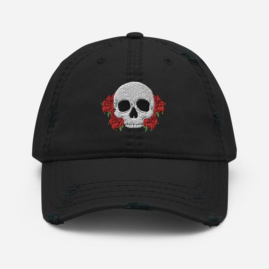 Discover Skull and Roses Distressed Curved Bill Hat