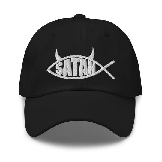 Discover Satan Fish with Horns Religious Satire Embroidered Baseball Cap Satanic Dad Hat