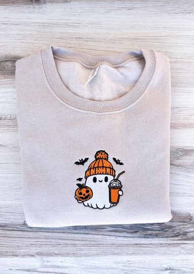 Discover Coffee Ghost Sweatshirt, Embroidered Ghost With Coffee Crewneck