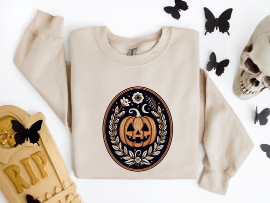 Discover Cute Embroidery Inspired Pumpkin Sweatshirt, Fall Graphic Floral Pumpkin