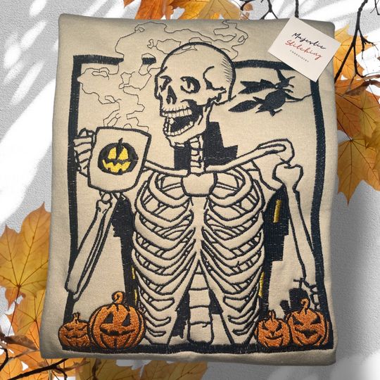 Skeleton Embroidery Fall crewneck, Halloween gift, spooky fall sweater