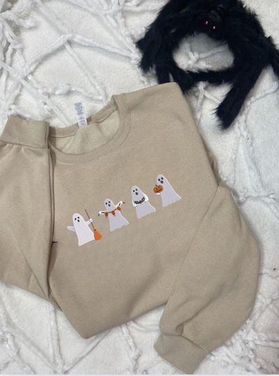 Discover Embroidered Cute Ghost Sweatshirt, Halloween Crewneck Sweatshirt, Pumpkins