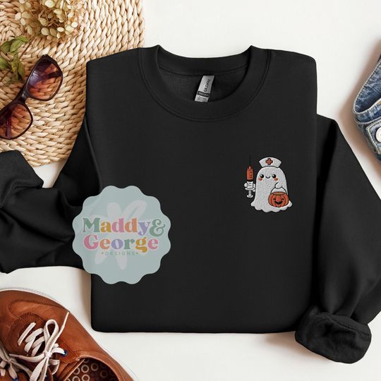 Halloween Nurse Ghost Embroidered Sweatshirt, Registered Nurse Crewneck Sweater