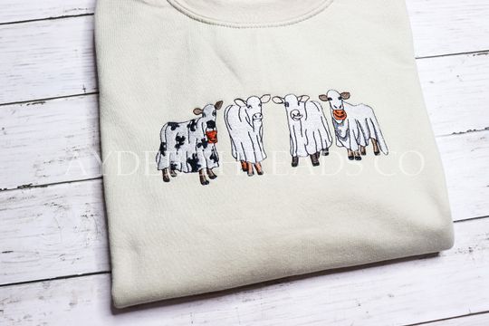 Discover Halloween Cow Ghosts Embroidered Hoodie Cute Cow Ghosts Halloween Embroidered Sweatshirt