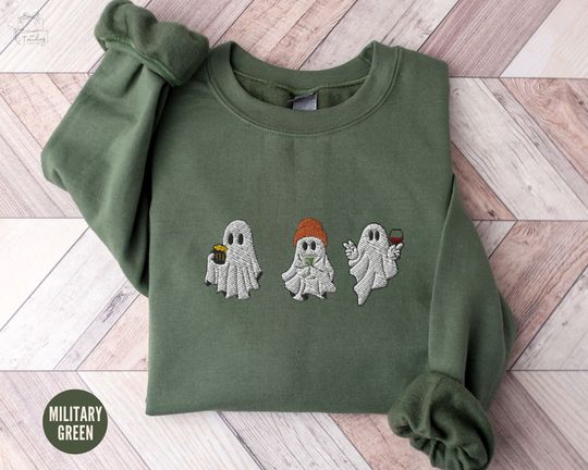 Discover Embroidered Ghost Boo Sweatshirt, Halloween Sweatshirt, Cute Ghost Shirt