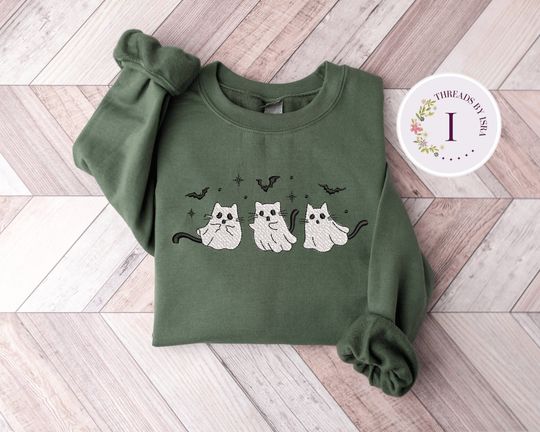 Discover Ghost Cats Embroidered Sweatshirt, Halloween Cat Crewneck, Spooky Bats