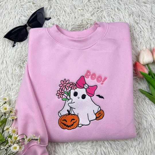 Discover Embroidered Pink Ghost Boo Halloween Sweatshirt, Conquette Boo Embroidered Shirt