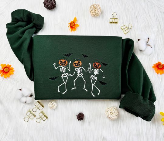 Discover Halloween Dancing Pumpkin Skeleton Embroidered Sweatshirt