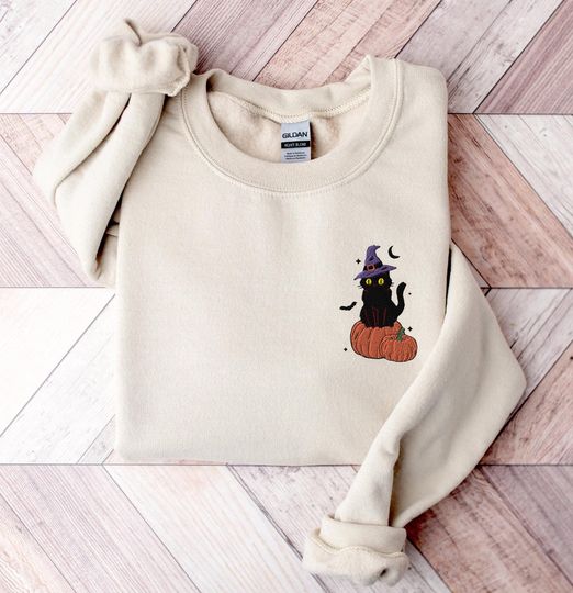 Black Cat Pumpkin Sweatshirt, Halloween Embroidered Sweatshirt,