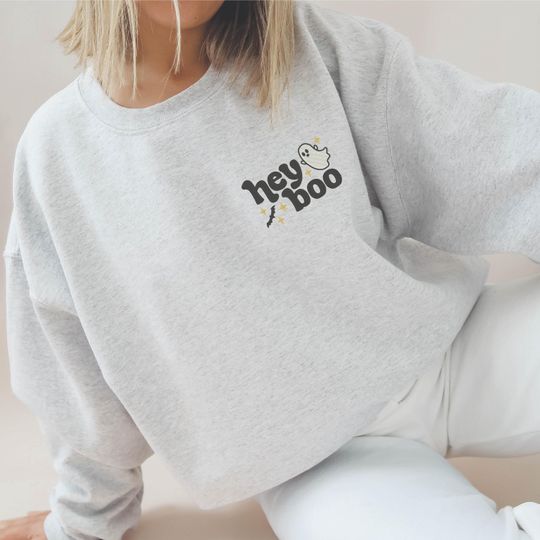 Discover Embroidered Halloween Sweatshirt - Hey Boo Ghost Embroidered Sweater
