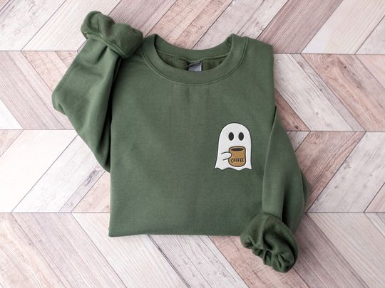 Discover Embroidered Cute Spooky Coffee Sweatshirt, Womens Ghost Sweatshirt