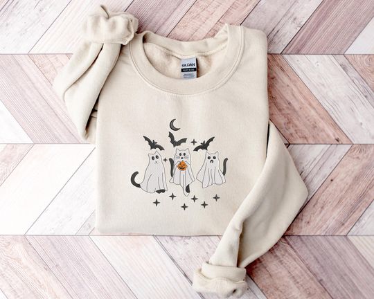 Ghost Cats Sweater, Embroidered Cute Halloween Kittens Sweatshirt