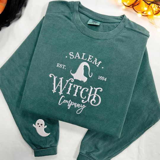 Salem Witch Company Embroidered Sweatshirt, Witch Halloween Embroidered Sweatshirt