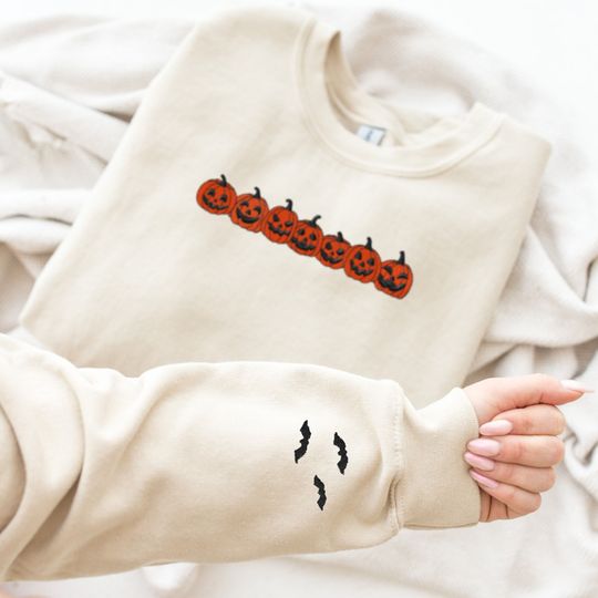 Discover Embroidered Halloween Sweatshirt, Pumpkin Shirt, Bats Sweatshirt, Fall Sweatshirt