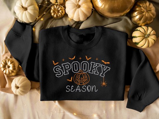 Spooky Season Halloween Sweatshirt, Embroidered Pumpkin Bats with Spider Sweatshirt