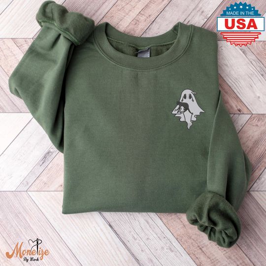 Embroidered Ghost Halloween Sweatshirt, Pullover Black Cat Fall Sweatshirt