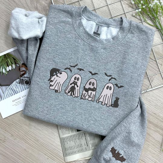 Discover Spooky Season Shirt, Embroidered Ghost Black Cat Halloween Sweatshirt