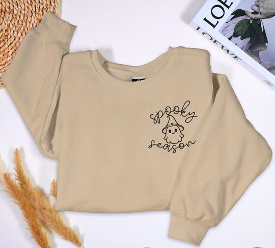 Discover Retro Spooky Season Sweatshirt Embroidered Ghost Sweatshirt Halloween Sweatshirt
