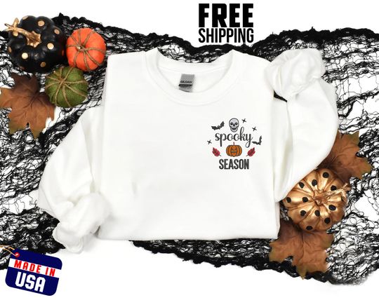 Spooky Season Halloween Sweatshirt, Embroidered Ghost & Pumpkin Sweatshirt