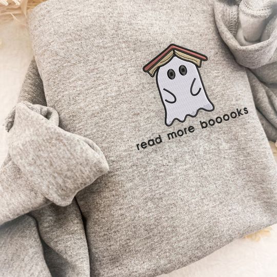 Ghost Book Sweatshirt Embroidered, Read More Booooks Sweatshirt
