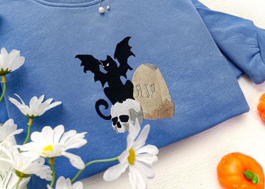 Discover Cat Halloween Sweatshirt, Embroidered Bats, Halloween Embroidered Sweatshirt