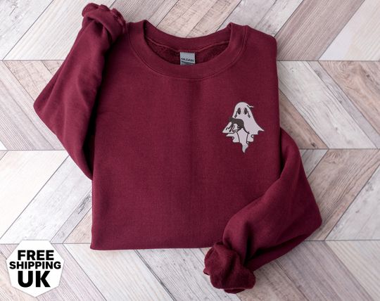 Embroidered Ghost Sweatshirt, Funny Halloween Black Cat Sweatshirt
