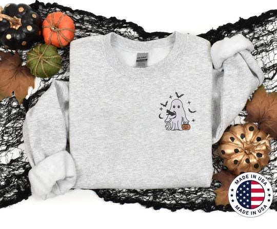 Embroidered Halloween Ghost Sweatshirt, Vintage Halloween Pumpkin Spooky Season Sweater