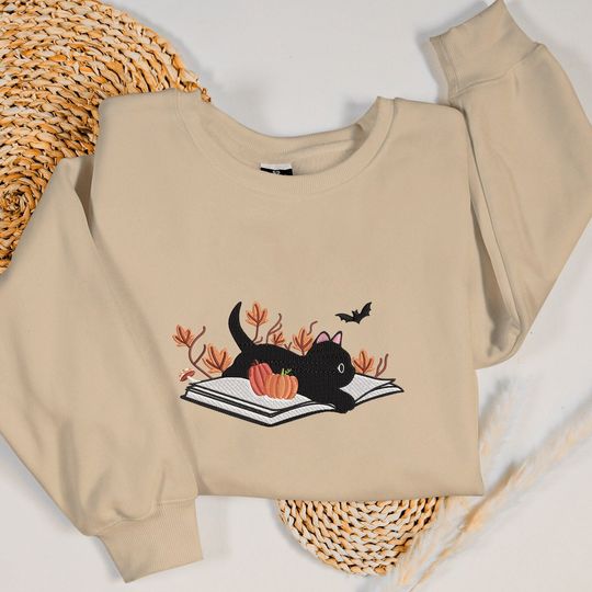 Embroidered Black Cat on the Book Halloween Sweatshirt Halloween Sweatshirt