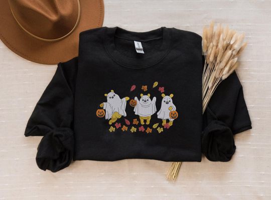 Retro Pooh Ghost Halloween Sweatshirt, Embroidered Fall Cute Ghost Jumper