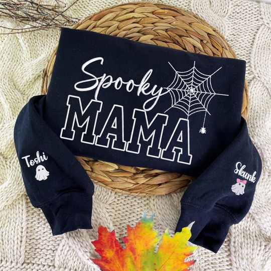 Spooky Mama Sweatshirt, Mama Sweatshirt with Kids Name on Sleeve,