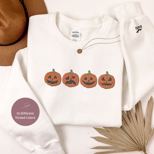 Discover Embroidered Halloween Sweatshirt, Embroidered Jackolantern Faces