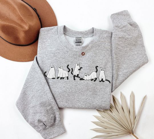 Discover Ghost Cats Halloween Sweatshirt EMBROIDERED Spooky Cat Fall