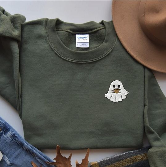 Discover EMBROIDERED Ghost Coffee Shirt, Cute Spooky Womens Ghost Sweatshirt