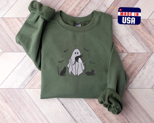 Discover Spooky Ghost with Cats Halloween Sweatshirt, Embroidered Crewneck Fall Season Sweatshirt