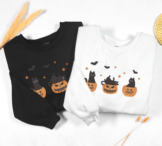 Discover Embroidered Halloween Black Cat Sweatshirt Cat Lover Shirt Bat Halloween Shirt