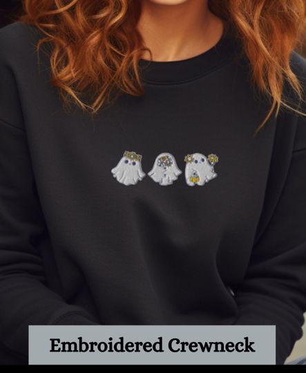 Discover Embroidered Ghost Girly Halloween Boo Sweatshirt Ghost Crewneck Cute Ghost Sweatshirt