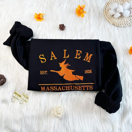 Halloween Salem Witch Embroidered Sweatshirt,Embroidered Massachusetts Sweatshirt