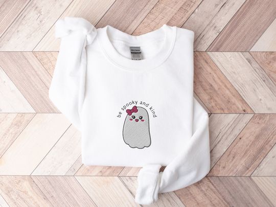 Discover Be Spooky and Kind Halloween Sweatshirt, Embroidered Halloween Crewneck Sweatshirt