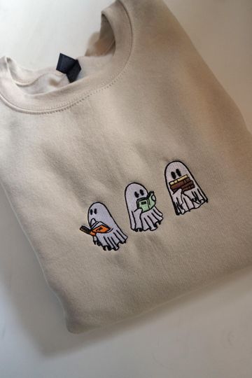 Discover Ghosts Reading Books Halloween Embroidered Sweatshirt/Crewneck, Spooky Season