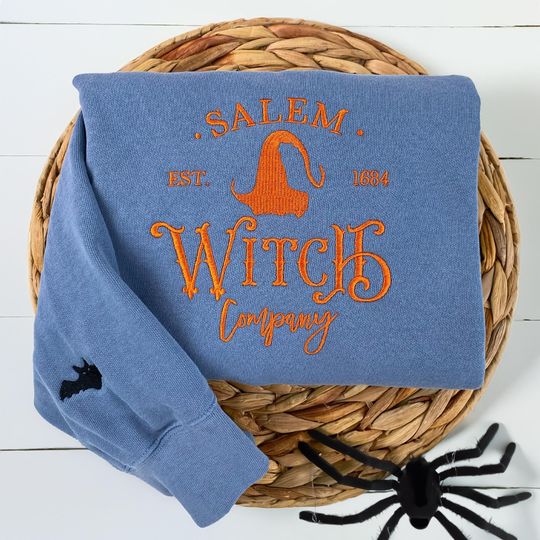 Comfort Color Salem Witch Company Embroidered Sweatshirt, Witch Halloween Sweatshirt