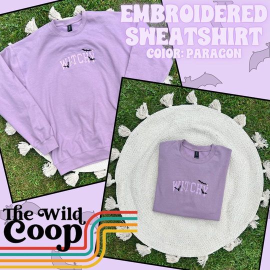 Discover Witchy Embroidered Crewneck Sweatshirt, Paragon Purple, Halloween