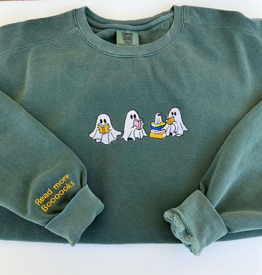 Discover Ghost reading books embroidery sweatshirt, Comfort Colors embroidered sweatshirt