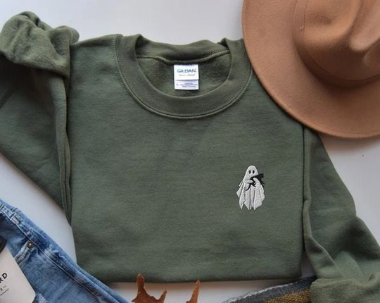 Embroidered Ghost Sweatshirt, Halloween Sweatshirt, Black Cat