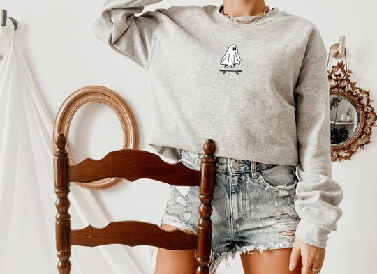 Discover Embroidered Skater Ghost Sweatshirt | Ghost sweatshirt | Halloween sweatshirt