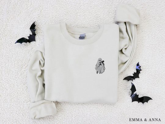 Embroidered Ghost Sweatshirt, Halloween Sweatshirt, Black Cat, Fall Sweatshirt for Women