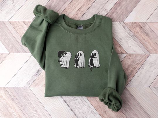 Embroidered Ghost Sweatshirt, Halloween Sweatshirt, Black Cat, Fall Sweatshirt for Women