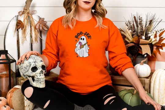 Boo-Jee Ghost with Tumbler and Belt Bag Embroidered Sweatshirt/ Trendy Embroidered